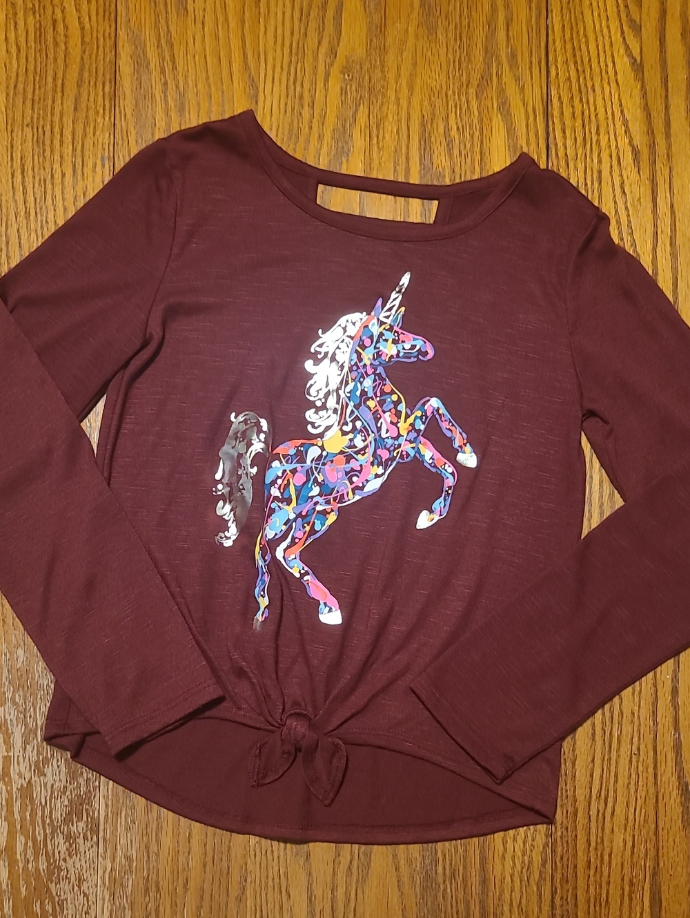 SO Girls Maroon Long Sleeve Unicorn Tie-Front Top - Medium